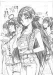 /\/\/\ 4girls :d absurdres ahoge alternate_hair_length alternate_hairstyle bangs breasts candy casual collarbone contemporary cowboy_shot eating eyebrows_visible_through_hair food glasses greyscale haruna_(kantai_collection) headgear hiei_(kantai_collection) highres kantai_collection kirishima_(kantai_collection) kojima_takeshi kongou_(kantai_collection) lollipop long_hair medium_breasts miniskirt monochrome multiple_girls open_mouth overalls pants revision shirt short_sleeves skirt smile solo_focus striped striped_shirt sweat traditional_media translated turn_pale v-shaped_eyebrows very_long_hair wristband 