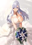  1girl absurdres azur_lane bare_shoulders belfast_(azur_lane) belfast_(claddagh_ring&#039;s_vow)_(azur_lane) blue_eyes bouquet breasts bridal_veil bride chain choker cleavage closed_mouth collar dress flower gold_chain highres holding holding_bouquet julbakgaksii large_breasts long_hair silver_collar silver_hair smile strapless strapless_dress tiara veil wedding wedding_dress white_dress 