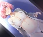  1girl bangs blush bow bow_bra bow_panties bra breasts cleavage collarbone commentary_request dutch_angle eyebrows_visible_through_hair fate/grand_order fate_(series) fingernails groin hair_over_one_eye jacket long_sleeves looking_at_viewer mash_kyrielight medium_breasts navel open_clothes open_jacket open_mouth panties pink_hair purple_eyes sakasa_(guranyto) short_hair solo tile_wall tiles underwear white_bra white_jacket white_panties 