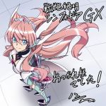  1girl blue_eyes breasts cleavage_cutout commentary_request foreshortening from_above h-new hair_between_eyes headgear large_breasts long_hair looking_at_viewer looking_up maria_cadenzavna_eve pink_hair senki_zesshou_symphogear smile solo tile_floor tiles translation_request very_long_hair 
