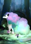  blue_eyes commentary forest from_side full_body galarian_form galarian_ponyta gen_8_pokemon grass nagihashi_koko nature no_humans outdoors pokemon pokemon_(creature) pokemon_(game) pokemon_swsh ponyta tree twitter_username unicorn 