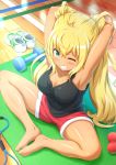  1girl ;) armpits arms_behind_head barefoot black_tank_top blonde_hair blush breasts cedar_(artist) cleavage clenched_teeth collarbone danberu_nan_kiro_moteru? dumbbell eyebrows_visible_through_hair feet green_eyes highres legs long_hair looking_at_viewer medium_breasts one_eye_closed red_shorts sakura_hibiki_(danberu_nan_kiro_moteru?) shoes shoes_removed shorts sitting smile solo sweat tank_top teeth twintails white_footwear 