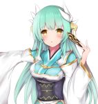  1girl aqua_hair bangs blush breasts commentary_request dragon_horns eyebrows_visible_through_hair fate/grand_order fate_(series) green_hair hair_between_eyes horns japanese_clothes kimono kiyohime_(fate/grand_order) long_hair looking_at_viewer open_mouth simple_background smile solo taikoi7 very_long_hair white_background yellow_eyes 