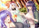  3104_(3104milkshake) 3girls :d azuma_(azur_lane) azur_lane bag bangs blue_eyes blush braid breasts casual cleavage collarbone day dress eyebrows_visible_through_hair hair_between_eyes hair_ornament hair_over_one_eye hairclip hand_up jacket large_breasts long_hair looking_at_viewer multiple_girls open_clothes open_mouth outdoors pink_nails purple_hair ribbed_sweater shirt shoulder_bag shoulder_cutout sidelocks skirt sky smile sweater trento_(azur_lane) very_long_hair vestal_(azur_lane) 
