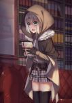  1girl absurdres bangs black_gloves black_legwear blush book cape cloak commentary_request couch eyebrows_visible_through_hair fate/grand_order fate_(series) fur_trim gift gloves gray_(lord_el-melloi_ii) green_eyes grey_hair hair_between_eyes highres holding holding_gift hood hood_up jmao long_hair long_sleeves looking_at_viewer lord_el-melloi_ii_case_files short_hair skirt solo thighhighs 
