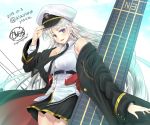  1girl artist_name azur_lane bare_shoulders belt black_jacket black_neckwear black_skirt collared_shirt commentary_request dated enterprise_(azur_lane) eyebrows_visible_through_hair flight_deck hair_between_eyes hand_on_headwear hat jacket kayura_yuka long_hair looking_at_viewer necktie open_clothes open_jacket open_mouth peaked_cap purple_eyes shirt signature skirt sleeveless sleeveless_shirt smile solo white_hair white_shirt 