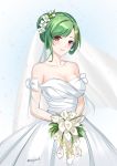  1girl alternate_costume alternate_hairstyle azur_lane bangs blush bouquet breasts bridal_veil bride cleavage collarbone cowboy_shot dress eyebrows_visible_through_hair flower gradient gradient_background green_hair hair_bun hair_flower hair_ornament large_breasts littorio_(azur_lane) looking_at_viewer maoyao-ll multicolored_hair parted_bangs parted_lips red_eyes red_hair signature smile solo streaked_hair veil wedding_dress 