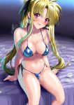  1girl bikini blonde_hair blue_bikini blush breasts commentary_request fate_testarossa large_breasts long_hair looking_at_viewer lyrical_nanoha mahou_shoujo_lyrical_nanoha navel red_eyes sen_(sansui) shiny shiny_clothes shiny_hair shiny_skin smile solo swimsuit thighs twintails used_tissue 