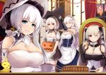  4girls azur_lane bangs bare_shoulders belfast_(azur_lane) between_breasts black_dress blue_eyes blush braid breasts chain choker cleavage collar collarbone dress earrings elbow_gloves eyebrows_visible_through_hair formidable_(azur_lane) french_braid frilled_dress frills gloves grey_hair hair_between_eyes hair_ornament hair_ribbon hat illustrious_(azur_lane) jewelry kanzaki_kureha lace_trim large_breasts long_hair long_sleeves looking_at_viewer maid maid_headdress multiple_girls puffy_sleeves red_eyes revision ribbon short_hair sidelocks silver_hair sirius_(azur_lane) smile strapless strapless_dress sun_hat twintails two-tone_dress two-tone_ribbon very_long_hair white_dress white_gloves white_hair white_headwear 