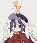  &gt;:) +_+ 1girl :d balancing balancing_on_head blue_eyes blue_hair blue_headwear blush chinese_clothes double_w fang food food_on_head frilled_sleeves frills grey_background hands_up high_collar highres long_sleeves mamimu_(ko_cha_22) miyako_yoshika object_on_head ofuda open_mouth pointy_ears pudding red_shirt shirt short_hair simple_background skin_fang smile solo sparkle star tangzhuang touhou translated w w_arms wide_sleeves 