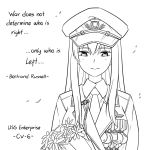  1girl azur_lane bangs blush bouquet character_name closed_mouth collared_shirt commentary english_commentary english_text enterprise_(azur_lane) eyebrows_visible_through_hair flower greyscale guin_guin hair_between_eyes hat jacket long_hair medal military military_hat military_jacket military_uniform monochrome necktie peaked_cap shirt simple_background solo star uniform upper_body white_background 