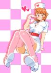  1girl alternate_costume blush breasts brown_eyes brown_hair dress graphite_(medium) hat millipen_(medium) nurse onnaski panties persona persona_3 short_hair smile solo takeba_yukari traditional_media underwear 