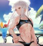  1girl abs bangs biceps bikini blunt_bangs bow bra breasts collarbone commentary_request cup drink drinking_glass drinking_straw fate/grand_order fate_(series) hair_bow kodama_(wa-ka-me) long_hair medium_breasts muscle muscular_female navel parted_lips penthesilea_(fate/grand_order) sidelocks solo stomach sweat swimsuit tropical_drink underboob underwear white_hair yellow_eyes 