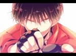  1boy black_gloves black_hair face fingerless_gloves gloves hagiri_kaname jacket letterboxed looking_at_viewer male_focus portrait red_eyes red_jacket rinko_(usoppachi) short_hair solo yuu_yuu_hakusho 