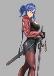  1girl ass black_hair blue_eyes blush bodysuit breasts executioner&#039;s_sword highres jacket kilye_4421 knight lips lowleg lowleg_pants onna_kishi_(maoyuu) original pants ponytail red_jacket skin_tight sword weapon 