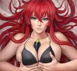  1girl artist_name between_breasts bikini_top blue_eyes breast_squeeze breasts covered_nipples eggplant food high_school_dxd huge_breasts light_smile lips long_hair looking_at_viewer lying red_hair rias_gremory sciamano240 sexually_suggestive signature solo vegetable 