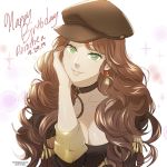  1girl birthday black_headwear breasts brown_hair character_name choker cleavage darkgreyclouds dorothea_arnault earrings fire_emblem fire_emblem:_three_houses garreg_mach_monastery_uniform green_eyes happy_birthday hat jewelry long_hair parted_lips simple_background solo uniform upper_body white_background 