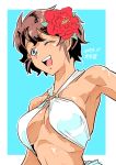  1girl ;d armpits artist_name bangs bikini blue_background blue_eyes breasts bright_pupils brown_hair commentary criss-cross_halter dark_skin dated eyebrows_visible_through_hair flower girls_und_panzer hair_flower hair_ornament halterneck hibiscus highres light_blush looking_at_viewer medium_breasts navel o-ring o-ring_bikini one_eye_closed open_mouth outline red_flower ribs shinkuukan_(tetsuo3) short_hair signature smile solo suzuki_(girls_und_panzer) swimsuit upper_body white_bikini white_outline white_pupils 
