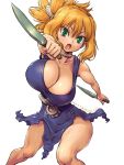  1girl alternate_breast_size amania_orz blonde_hair breasts cleavage dr._stone green_eyes hair_between_eyes highres holding holding_knife knife kohaku_(dr._stone) large_breasts open_mouth rope_belt simple_background solo white_background 