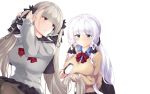  2girls absurdres azur_lane bangs beige_sweater black_legwear black_skirt blue_eyes blue_shirt blush bow bowtie breasts brushing_another&#039;s_hair closed_mouth collared_shirt commentary_request eyebrows_visible_through_hair formidable_(azur_lane) grey_hair grey_sweater hair_brush hair_ribbon highres holding_brush illustrious_(azur_lane) large_breasts long_hair low_ponytail mamizu mole mole_under_eye multiple_girls pantyhose parted_lips purple_nails red_eyes red_neckwear ribbon school_uniform shirt simple_background skirt smile sweater twintails tying_hair very_long_hair white_background white_hair 