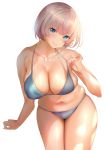  1girl absurdres bikini blonde_hair blue_eyes breasts cleavage curvy grey_bikini highres inushima large_breasts looking_at_viewer love_handles navel original plump short_hair simple_background smile solo swimsuit thighs white_background 