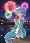  1girl ahoge aqua_kimono aqua_sash bangs bare_shoulders blue_eyes blue_hair blue_skirt bridge bushi_(1622035441) candy_apple commentary_request drill_hair drill_locks eyebrows_visible_through_hair feet_out_of_frame fireflies fireworks food head_fins highres holding holding_food japanese_clothes kimono looking_at_viewer mermaid monster_girl night night_sky obi off_shoulder outdoors railing sash short_hair sitting skirt sky smile solo touhou wakasagihime 