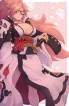  1girl amputee baiken big_hair black_kimono breasts cleavage expressionless eyepatch facial_mark facial_tattoo forehead_mark guilty_gear guilty_gear_xrd hand_on_hilt highres ittla japanese_clothes kataginu katana kimono large_breasts long_hair looking_down multicolored multicolored_clothes multicolored_kimono no_bra obi one-eyed open_clothes open_kimono pink_background pink_hair ponytail red_eyes samurai sash scar scar_across_eye sheath sheathed solo standing sword tattoo very_long_hair weapon white_kimono 