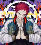  1boy black_nails chain collarbone earrings hands_together harai_kuko highres hypnosis_mic jacket jewelry letterman_jacket male_focus namakawa necklace parted_lips red_hair ring smile solo yellow_eyes 