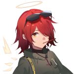  1girl arknights bangs brown_eyes closed_mouth exusiai_(arknights) eyebrows_visible_through_hair eyewear_on_head food food_in_mouth green_jacket hair_over_one_eye halo highres hua_ye jacket looking_at_viewer mouth_hold pocky red_hair simple_background solo sunglasses upper_body white_background 