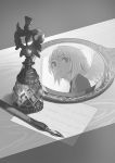  1girl kishin_sagume mirror monochrome nib_pen_(object) paper pen reflection single_wing solo touhou wings yamamomo_(plank) 