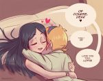  2girls bangdacy barbara_parker bed black_hair blonde_hair blush cuddling english_text hug jewelry little_witch_academia long_hair lotte_jansson multiple_girls open_mouth ring short_hair wedding_band wife_and_wife yuri 
