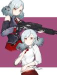  alternate_costume ekuesu girls_frontline gun highres holding holding_gun holding_weapon off_shoulder pleated_skirt red_eyes shirt_lift shotgun skirt smile spas-12 spas-12_(girls_frontline) weapon white_hair 