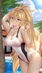  1girl arm_up bangs blonde_hair blue_eyes blush breasts cleavage competition_swimsuit cowboy_shot day eyebrows_visible_through_hair fate/grand_order fate_(series) glasses groin hair_between_eyes highres holding jeanne_d&#039;arc_(fate) jeanne_d&#039;arc_(fate)_(all) jeanne_d&#039;arc_(swimsuit_archer) large_breasts long_hair looking_at_viewer one-piece_swimsuit outdoors ponytail shade smile solo swimsuit very_long_hair wet whistle white_swimsuit yijian_ma 