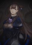  1girl absurdres breasts brown_hair dress fate/grand_order fate_(series) highres large_breasts lips long_hair marumoru murasaki_shikibu_(fate) parted_lips puffy_sleeves purple_eyes very_long_hair 