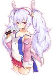  1girl animal_ears azur_lane bangs blush bottle bunny_ears camisole commentary_request cowboy_shot cropped_legs eyebrows_visible_through_hair fake_animal_ears hair_between_eyes hairband holding holding_bottle jacket laffey_(azur_lane) long_hair long_sleeves looking_at_viewer off_shoulder pink_jacket pleated_skirt red_eyes red_skirt rokushou_kokuu simple_background skirt solo strap_slip twintails twitter_username white_background white_hair 