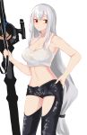  1girl arknights bangs bare_arms bare_shoulders black_pants breasts cleavage commentary crop_top eyebrows_behind_hair grey_hair hair_between_eyes hand_on_hip highres holding inniyik long_hair low-tied_long_hair medium_breasts midriff navel pants red_eyes simple_background skadi_(arknights) solo tank_top very_long_hair white_background white_tank_top 