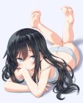 1girl asashio_(kantai_collection) ass barefoot black_hair blue_eyes bra butt_crack dd_(ijigendd) highres kantai_collection knees_together_feet_apart long_hair looking_at_viewer lying on_stomach panties solo underwear underwear_only 