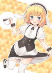  1girl :d animal_ears bangs black_footwear black_skirt blonde_hair blue_eyes blush bunny_ears commentary_request cup eyebrows_visible_through_hair fake_animal_ears fleur_de_lapin_uniform gochuumon_wa_usagi_desu_ka? headdress holding holding_cup kirima_sharo looking_at_viewer open_mouth puffy_short_sleeves puffy_sleeves rokushou_kokuu short_hair short_sleeves skirt skirt_hold smile solo thighhighs white_legwear wrist_cuffs zettai_ryouiki 