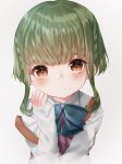  1girl absurdres blush bob_cut bow bowtie braid brown_eyes eyebrows_behind_hair green_hair hand_on_own_cheek hand_up highres inorin05kanae kantai_collection long_sleeves looking_at_viewer parted_lips shirt short_hair short_hair_with_long_locks sidelocks simple_background solo takanami_(kantai_collection) white_background white_shirt 