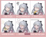  1girl ak-12_(girls_frontline) alternate_costume armband backpack bag blush closed_eyes closed_mouth collared_shirt drinking_straw eating english_text engrish_text eyebrows_visible_through_hair food fruit girls_frontline hair_ribbon lemon long_hair long_sleeves mai_(xskdizzy) randoseru ranguage ribbon school_uniform shirt silver_hair surgical_mask white_shirt younger 