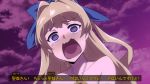  1girl blonde_hair commentary hair_intakes hair_ribbon highres kono_subarashii_sekai_ni_shukufuku_wo! kono_yuusha_ga_ore_tueee_kuse_ni_shinchou_sugiru long_hair parody purple_eyes ribbon ristarte_(kono_yuusha_ga_ore_tueee_kuse_ni_shinchou_sugiru) sweat tears tom_(drpow) translated 