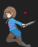  1other androgynous ass breasts brown_hair chara_(undertale) closed_mouth commentary_request cosplay frisk_(undertale) heart jewelry knife looking_at_viewer looking_back necklace oshiruko_(tsume) pantyhose red_eyes shirt short_hair shorts simple_background small_breasts smile solo striped striped_shirt striped_sweater sweater undertale 
