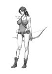 1girl bandaged_hand belt boots bow_(weapon) breasts full_body greyscale groin hand_on_hip highleg highleg_leotard highres holding holding_bow_(weapon) holding_weapon impossible_clothes impossible_leotard jewelry lara_croft large_breasts leotard long_hair long_legs looking_at_viewer low_ponytail monochrome navel necklace nipples older one-piece_swimsuit ponytail pouch pubic_hair see-through simple_background sketch smile solo swimsuit tomb_raider tomb_raider_(reboot) weapon white_background zjl_baiqishi 