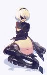  1girl ass black_blindfold black_dress black_footwear black_legwear blindfold boots breasts cleavage cleavage_cutout dress feather-trimmed_sleeves grass hairband high_heel_boots high_heels lying mole mole_under_mouth nier_(series) nier_automata on_side optionaltypo short_hair silver_hair simple_background solo thigh_boots thighhighs thighhighs_under_boots yorha_no._2_type_b 