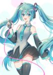  1girl absurdres ajing aqua_eyes aqua_hair bare_shoulders blue_eyes blue_nails blush commentary detached_sleeves hatsune_miku highres long_hair long_sleeves looking_at_viewer necktie open_mouth skirt sleeveless smile solo thighhighs twintails very_long_hair vocaloid 