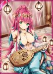  1girl akkijin arabian_clothes armpits bare_shoulders bed breasts card_(medium) green_eyes harem_outfit harem_pants indoors instrument jewelry lamp large_breasts long_hair looking_at_viewer lute_(instrument) official_art on_bed pants pink_hair ponytail scheherazade_(shinkai_no_valkyrie) shinkai_no_valkyrie smile 