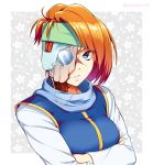  1girl absurdres blue_eyes breasts brown_hair crossed_arms facial_scar floral_background headband highres lips mattari_yufi monocle mukuro_(yuu_yuu_hakusho) parted_lips scar scare short_hair simple_background solo twitter_username upper_body yuu_yuu_hakusho 