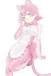  1girl :3 animal_ear_fluff apron bare_shoulders blush bow bowtie center_frills commentary_request elbow_gloves eyebrows_visible_through_hair frilled_apron frills gloves green_eyes hand_to_own_mouth hand_up highres kemono_friends kemono_friends_3 kona_ming looking_at_viewer panther_ears panther_tail pantyhose peach_panther_(kemono_friends) pink_footwear pink_gloves pink_hair pink_legwear pink_neckwear shirt shoes short_hair simple_background sleeveless sleeveless_shirt smile solo white_apron white_background white_shirt 
