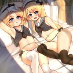  22-sai_(1092344778) 2girls absurdres adapted_costume bed black_legwear black_neckwear blonde_hair blue_eyes blue_sailor_collar commentary_request crop_top gloves hat highres janus_(kantai_collection) jervis_(kantai_collection) kantai_collection looking_at_viewer multiple_girls navel open_mouth panties pillow round_teeth sailor_collar sailor_hat teeth thighhighs underwear upper_teeth white_gloves white_headwear white_legwear white_panties 