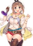  1girl atelier_(series) atelier_ryza bangs bare_shoulders belt beret blue_belt blush breasts brown_belt brown_eyes brown_hair cleavage drawstring flask gloves hair_ornament hairclip hat highres jacket jewelry kawai large_breasts leather leather_belt leather_gloves looking_at_viewer navel necklace open_mouth red_shorts reisalin_stout round-bottom_flask short_hair short_shorts shorts simple_background sleeveless sleeveless_jacket smile solo star star_necklace thighs white_background white_camisole white_headwear yellow_jacket 